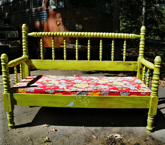Bench Vintage Spindle Bed Upcycled with Upholstered Cushion in Designer Fabric