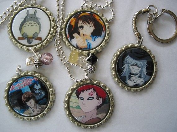 ANIME Bottle Cap Necklace , magnets and Keyrings and earrings