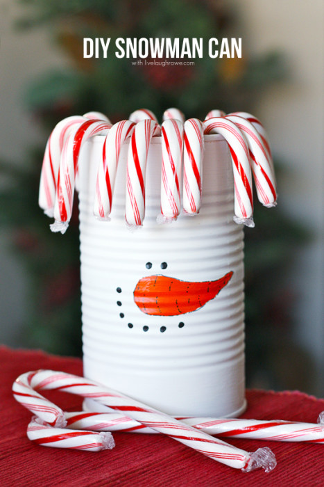 DIY Snowman Can using a soup can and acrylic paint to create this adorable snowmans! Tutorial at livelaughrowe.com