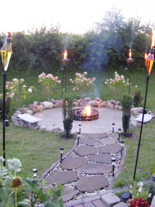 Perfect Torches with Flagstone Walkway for Inexpensive Patio