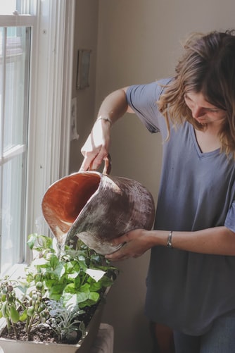 woman in grey shirt watering plants with pitcher 