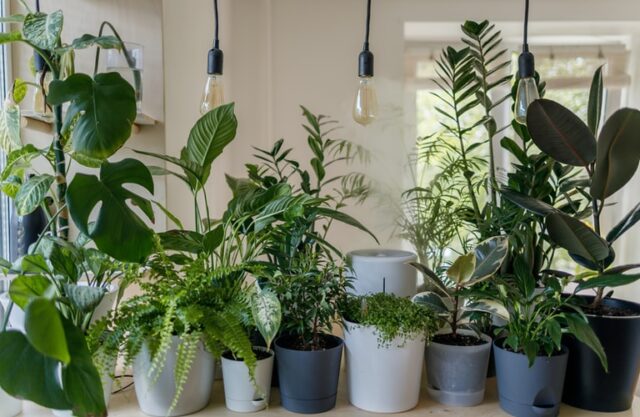 Group of house plants in white and grey pots 